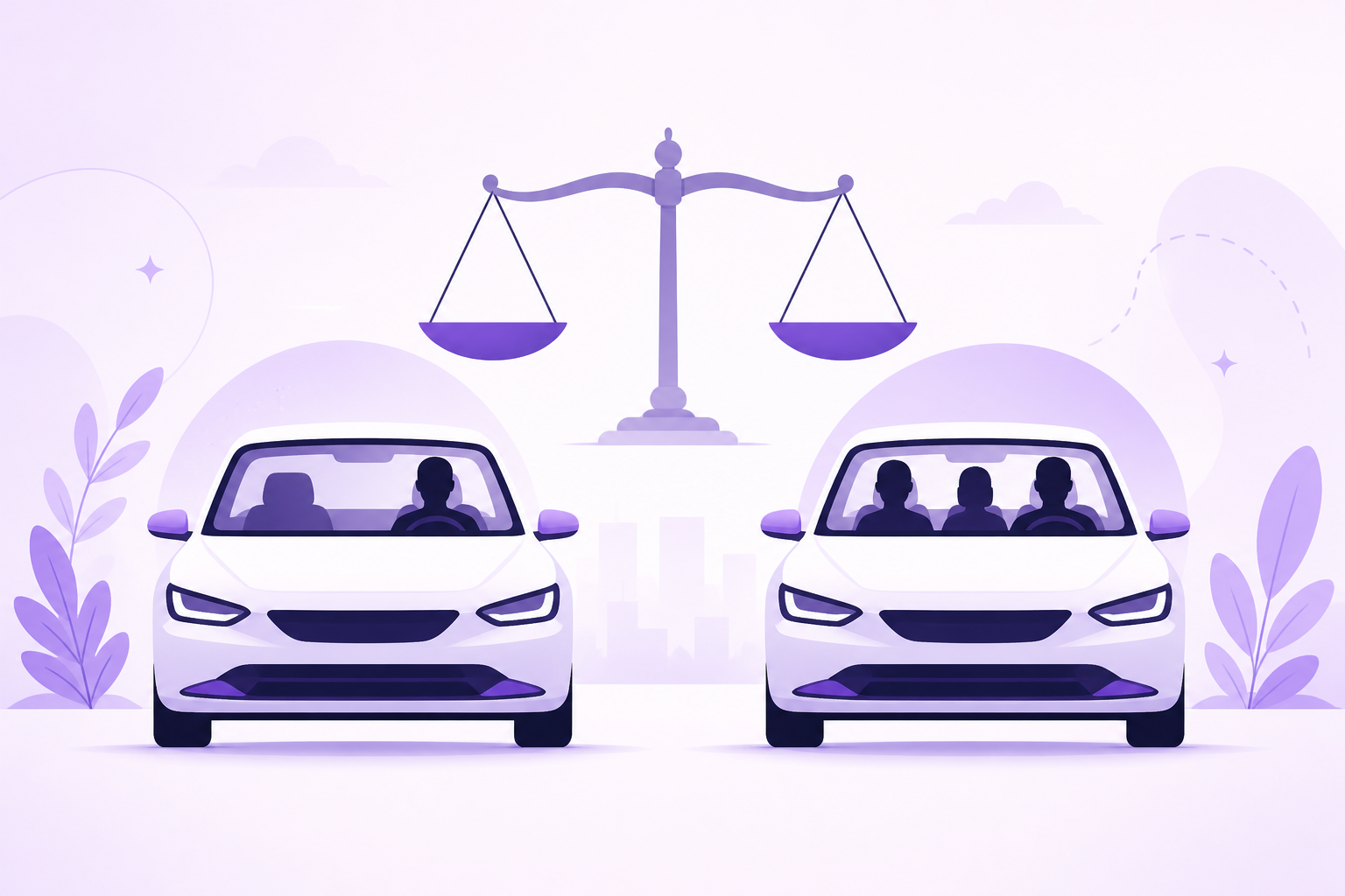 Illustration comparing a solo ride with one passenger to a shared ride with multiple passengers