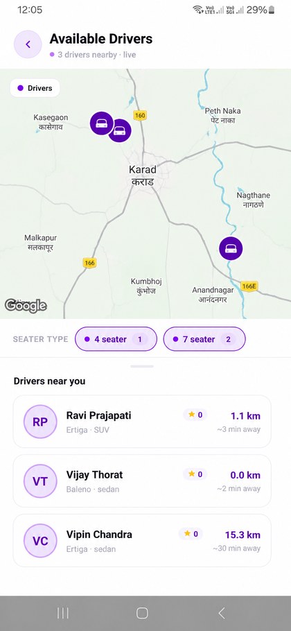 Drivers near you in Karad with distance and vehicle