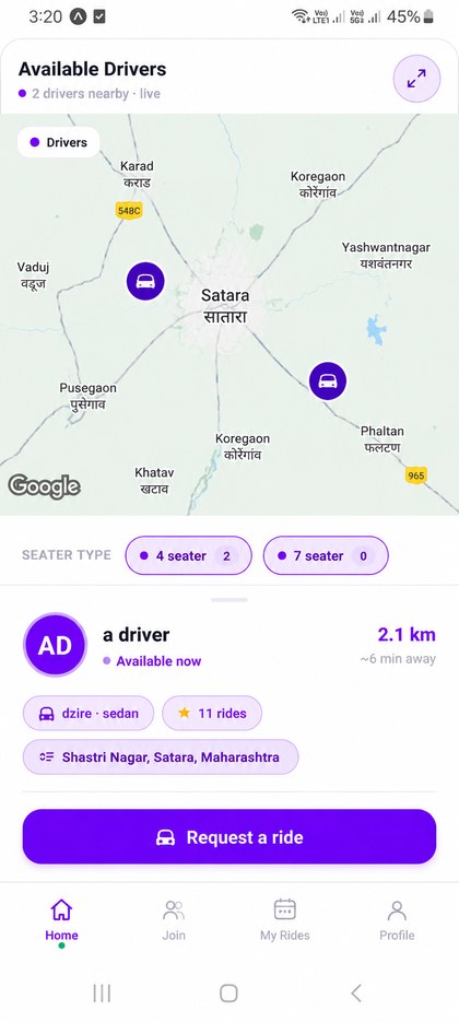 Available drivers near Satara on a live map — request a ride