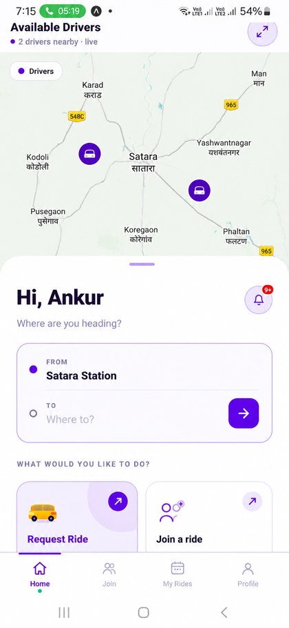 Passenger home in Satara — live drivers map, request ride and join a ride