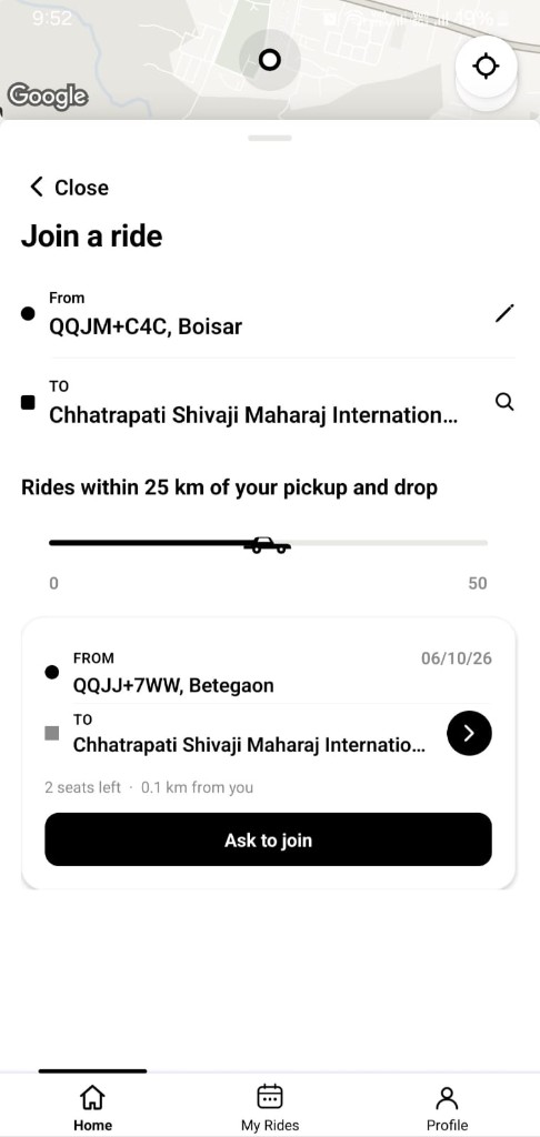 Join a ride — browse nearby shared trips in the Citaxi app
