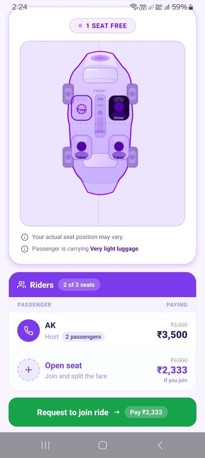 Join an open seat and split the fare — savings shown in the app