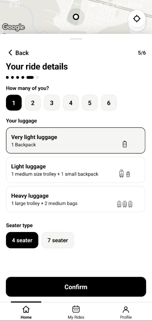 Your ride details — passengers, luggage, and seater type in the Citaxi app