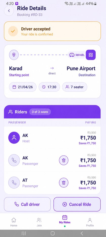 Karad to Pune Airport — shared ride with fare split and savings shown in the app