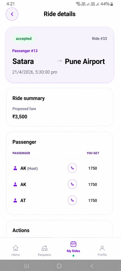 Satara to Pune Airport — shared fare split per passenger in the app